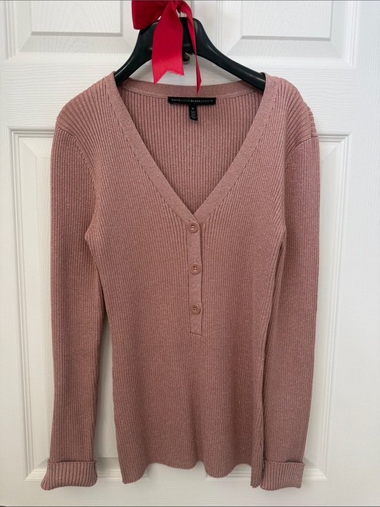 White House Black Market Sweaters - White House Black Market Ribbed V-Neck Button Sweater - Dusty Rose/glitter